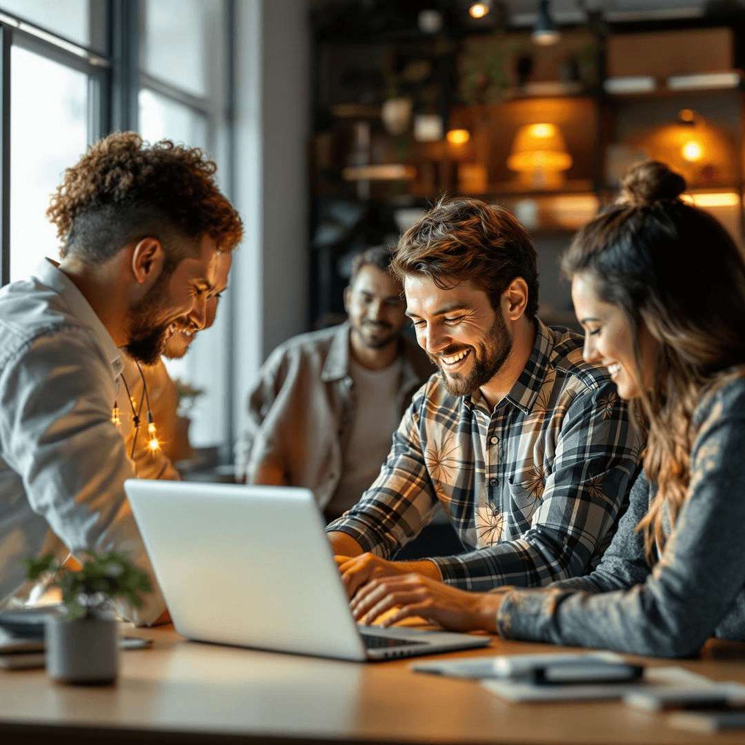 A team working together on a laptop with warm, focused energy
